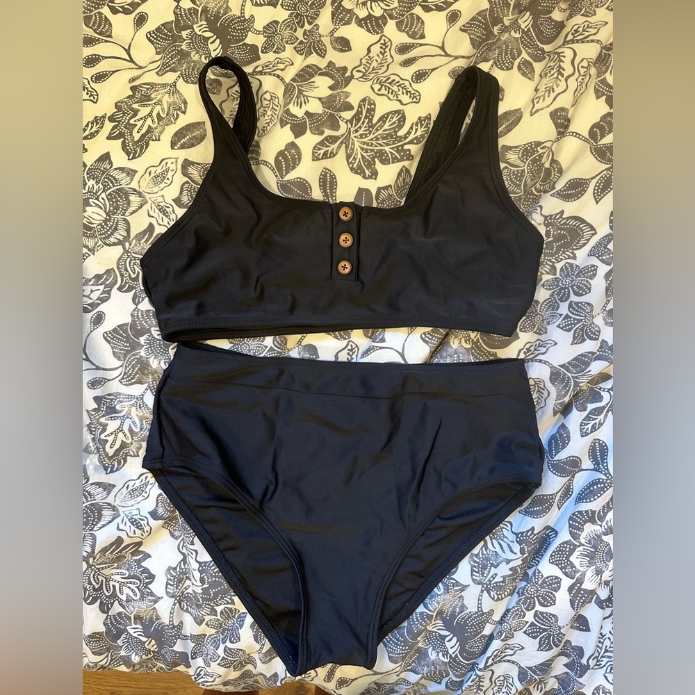 Black Henley style bikini with high waisted bottoms, new in packaging